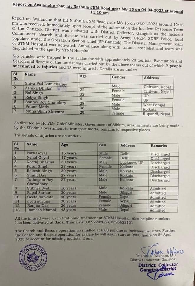 Report shared from the office of the District Collector- Gangtok during the Press Conference held at his office chamber today to address issues
regarding the Avalanche that hit Nathula JNM Road near MS 15 on 4th of April 2023