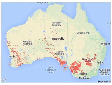 A map showing the distribution of Malleefowl populations in Australia Thermometer Bird