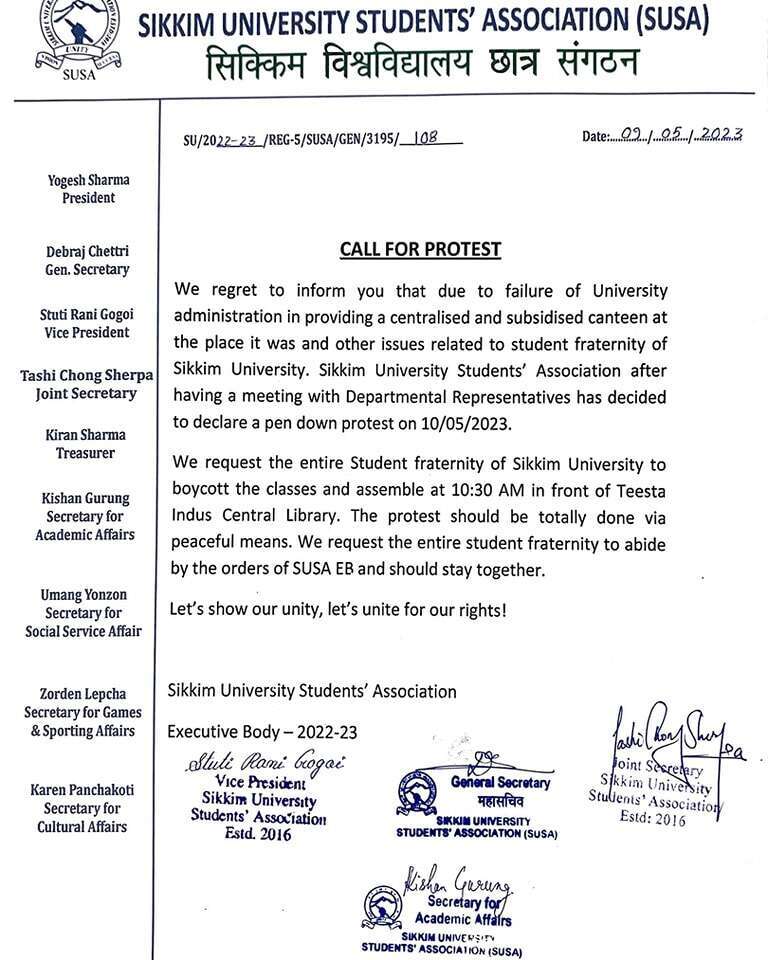 sikkim university students association call for protest