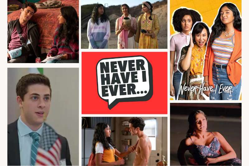 A collage of pop culture references and emotional scenes from Never Have I Ever Web Series, representing the humor and relatability of the show.