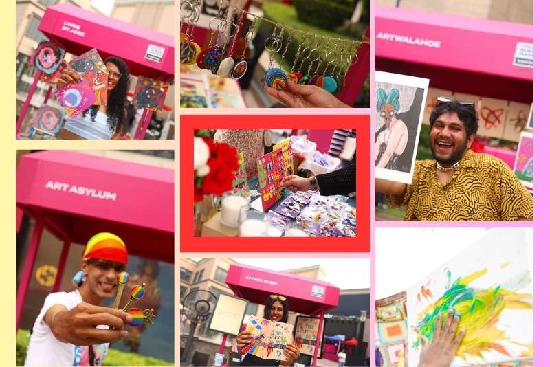 Photo collage showing diverse products were available at the Queer Made Weekend festival, including jewelry inspired by LGBTQIA+ pioneers, queer-themed clothing with pronouns and pride flags, as well as accessories such as jewelry and keychains.