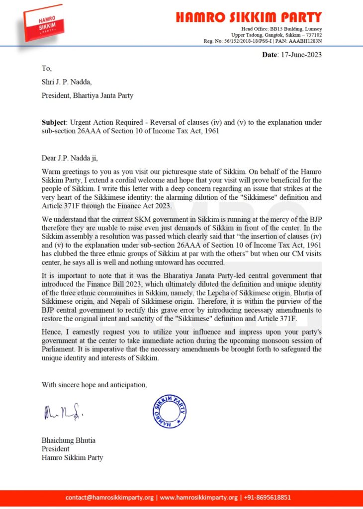 Hamro Sikkim Party's Letter to JP Nadda for Reversal of clauses inserted in the Finance Act 2023