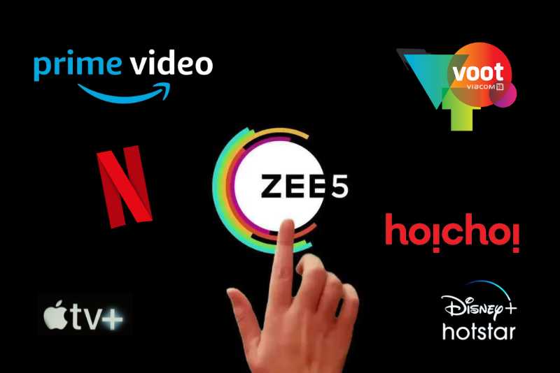 Logos of  Netflix, Amazon Prime Video, Disney+ Hotstar, Apple TV plus, HoiChoi and Voot