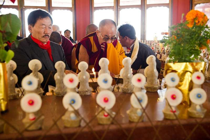 Dalai Lama and Former Chief Minister of Sikkim lighting a butter lamp at Buddha Park during Dalai Lama's Visit to Sikkim