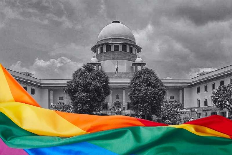Supreme Court of India with LGBTQ+ flag in foreground, symbolizing the LGBTQ+ community's pursuit of marriage equality and recognition.