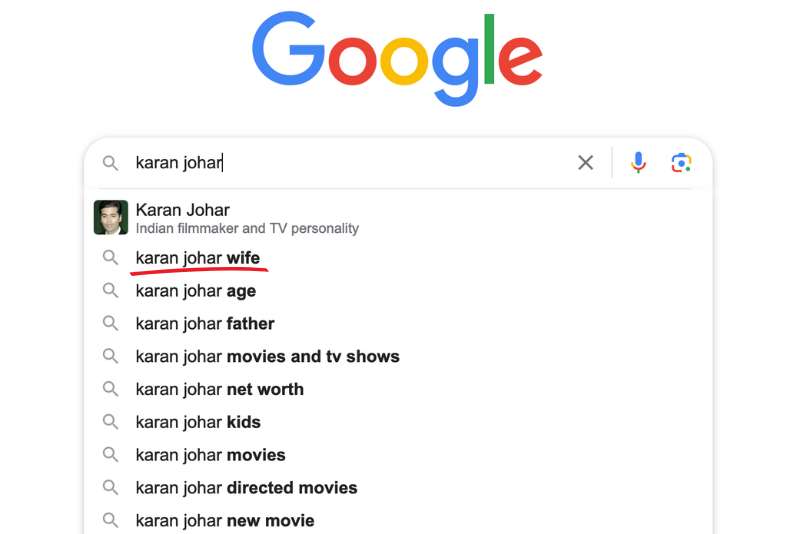 Screenshot of a Google search result for "Karan Johar Wife."