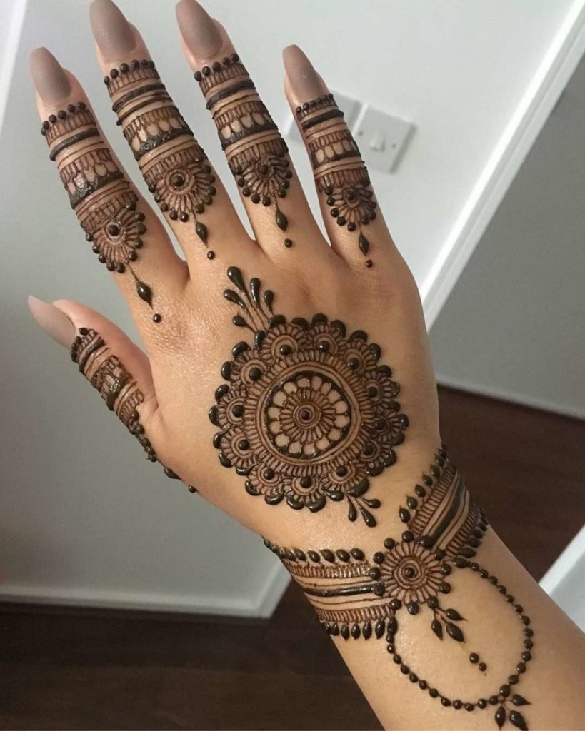 fusion of floral and modern elements in back hand mehndi