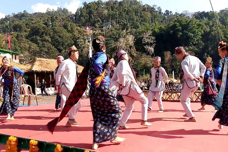 Limboo dancers in traditional attire performing a cultural dance during Kokphekwa Tongnam celebrations.