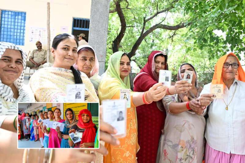 Indian voters standing in line at a polling station during national elections