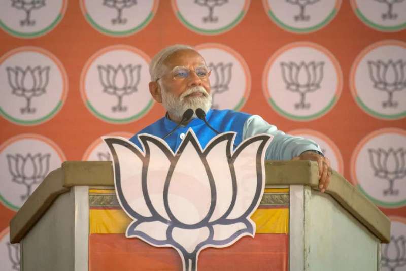 Narendra Modi addressing a crowd during an election rally on April 14, 2024 in Mysuru, India